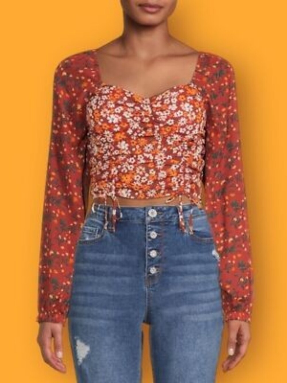 NYC Rust Floral Ruched Square-Neck Long Sleeve Crop Top